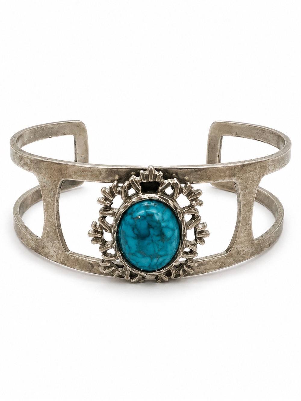 Vintage Silver Tone Turquoise Cuff Bracelet | Southwestern Style Openwork Cuff |